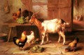 Goat And Chickens Feeding In A Cottage Interior poultry livestock barn Edgar Hunt